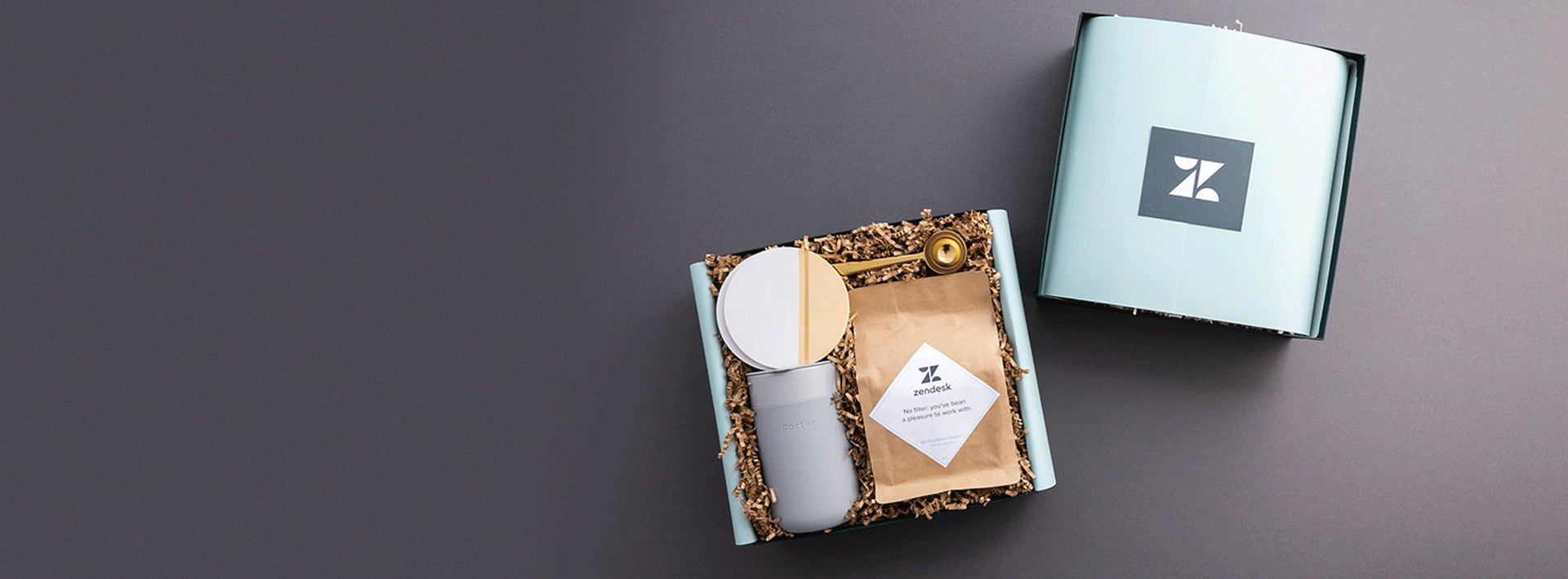 zendesk branded coffe bags in a coffee mini gift box