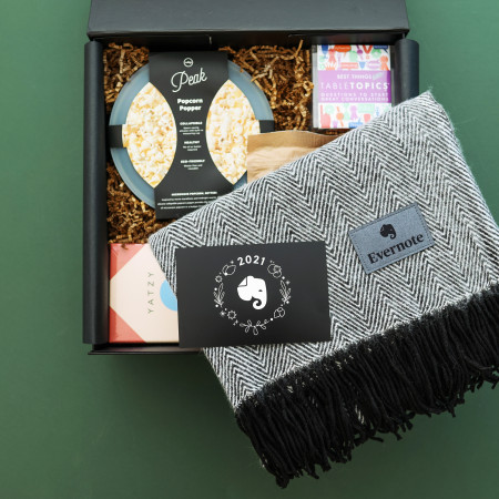 employee gift with branded blanket and card
