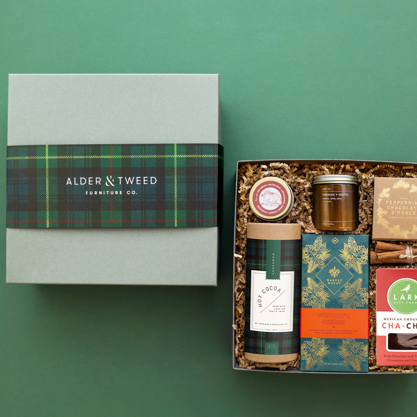 green plaid holiday corporate gift box