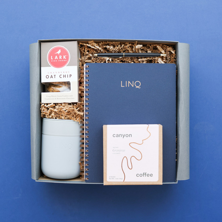 linq branded notebook inside gift box