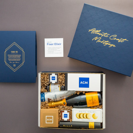 navy blue and orange products inside gift box