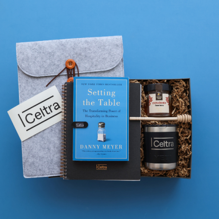 gift box with blue book for celtra employees