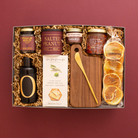 food gift box on burgundy background