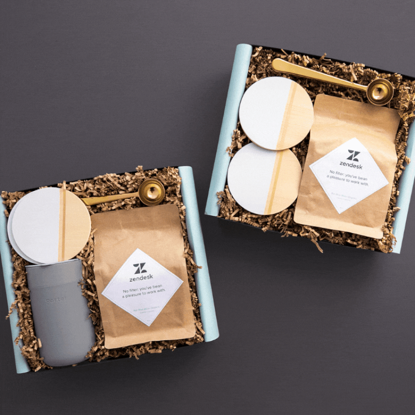 gif of inside of coffee gift and outside with zendesk branded box