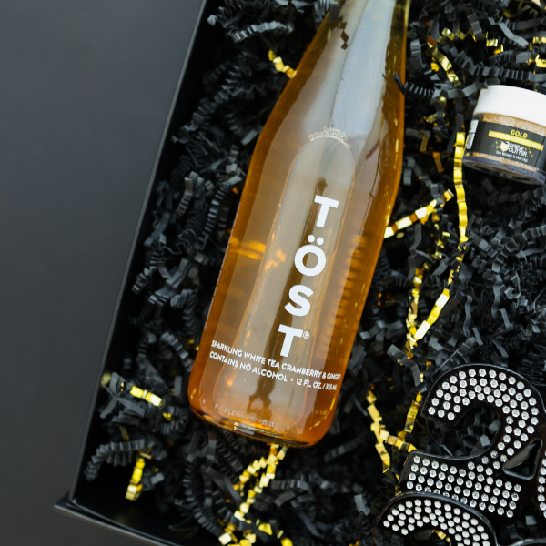 sparkling beverage in custom new years gift box