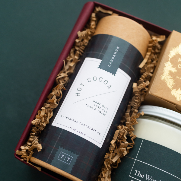 hot cocoa and candle holiday gift box