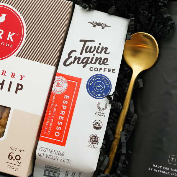 twin engine coffee bag and gold spoon in gift box