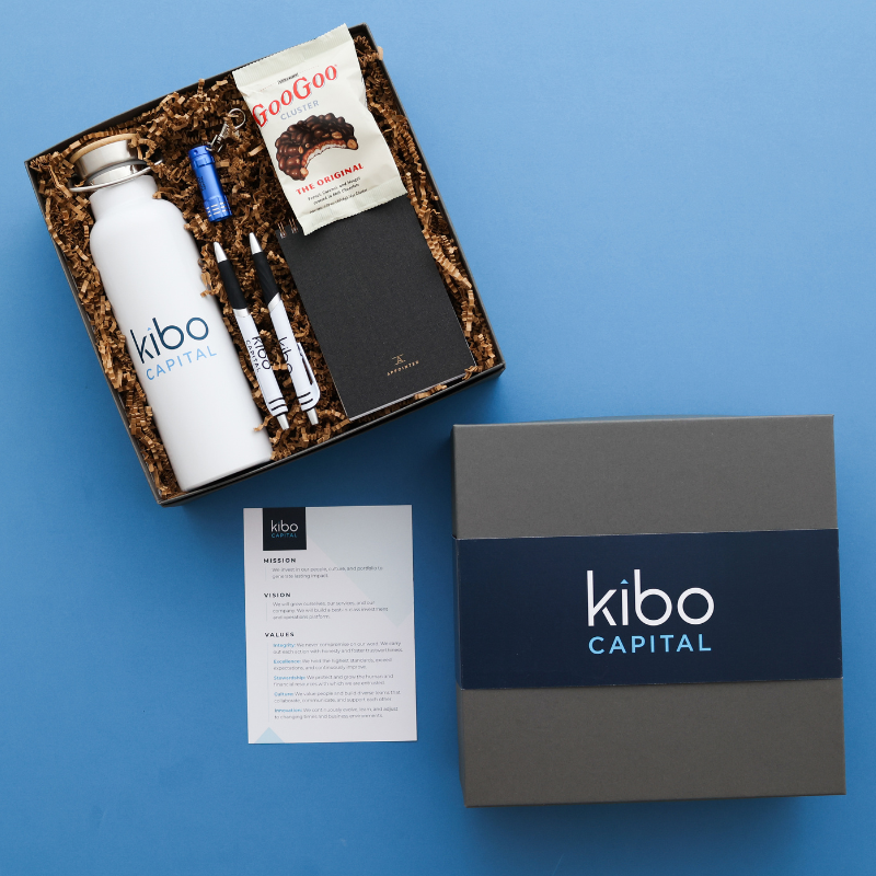 branded water bottle pens and packaging quite for kibo capital